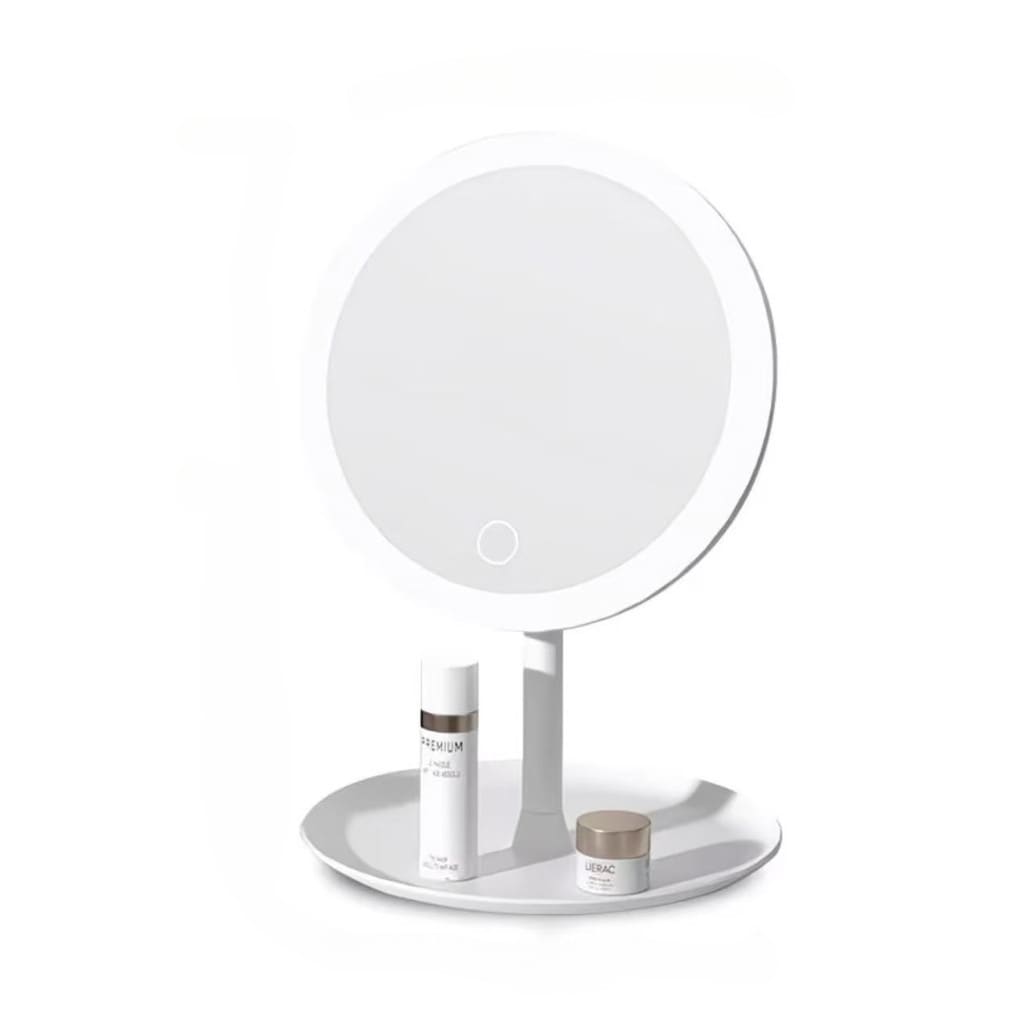 Espelho LED de Mesa com Bandeja Porta Maquiagem Luz 3 Cores Ajustável Touch USB
